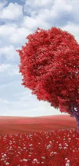 Heart-shaped red tree in serene landscape wallpaper.