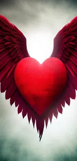 Red winged heart on glowing background wallpaper.