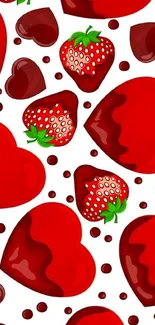 Mobile wallpaper with red hearts and strawberries pattern.