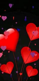 Mobile wallpaper with floating red heart balloons.