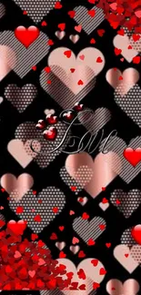 Red hearts and love-themed wallpaper with black background.