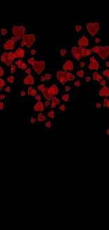 Mobile wallpaper with cascading red hearts on a black background.