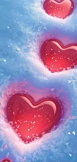 Red hearts embedded in blue icy surface wallpaper.