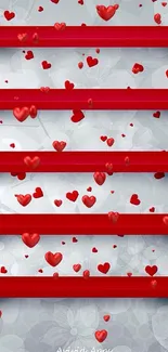 Wallpaper featuring red hearts and 3D shelves on a light geometric background.