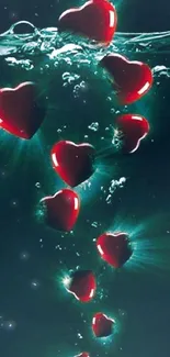 Red hearts submerged underwater with bubbles.