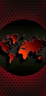 Red hexagonal world map design on mobile wallpaper.