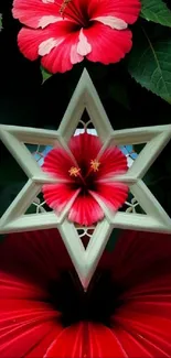 Star-shaped floral design with red hibiscus flowers.