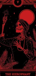 Red Hierophant tarot card with skeleton and mystical elements.