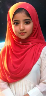 Girl in red hijab with Earth background, mobile wallpaper.