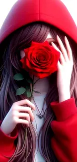 Anime girl in red hood with rose, fantasy art wallpaper.