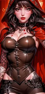 Fantasy art of a red hooded woman in gothic attire.