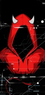 Red hooded figure on a digital black background