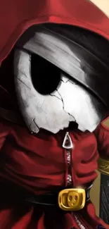 Mysterious hooded character in red cloak with weapon.