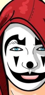 Artistic clown in a red hoodie graphic illustration.