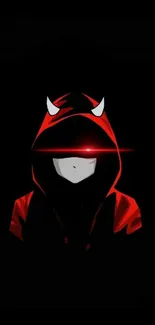 Hooded figure with red glowing eyes on dark background wallpaper.