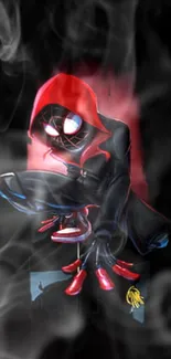 Red-hooded hero crouched in smoke with a dark background.