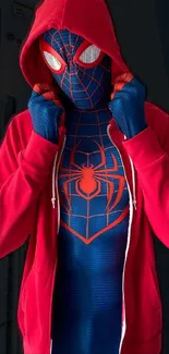 Hero in red hoodie with blue suit and web design.