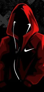 Red hooded silhouette with a dark background art.