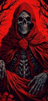 Red hooded skeleton mobile wallpaper art.