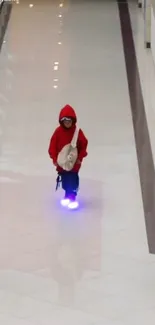 Figures in red hoodies with glowing shoes in a modern corridor setting.