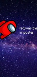 Red imposter character in galaxy wallpaper with stars.