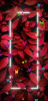 Red leaves with neon frame mobile wallpaper.