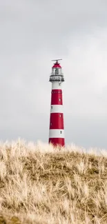 Red lighthouse rising above golden grass under a cloudy sky.