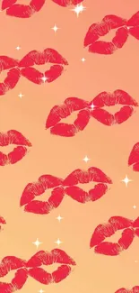 Vibrant wallpaper with red lip prints on a peach background for your mobile device.