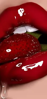 Artistic red lips with strawberry illustration on wallpaper.