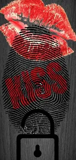 Red lips with fingerprint and lock on black background.