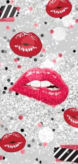 Mobile wallpaper with red lips and silver glitter accents.