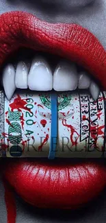 Wallpaper with red lips biting money roll.