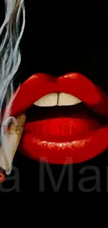 Red lips with cigarette on dark background