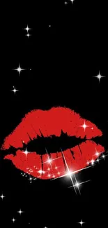 Bold red lips with sparkles on black background.