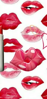 Vibrant red lipstick kiss pattern wallpaper with hearts and love accents.