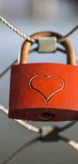 Red lock with heart design on wire fence.