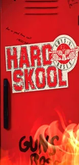 Red locker with 'Hard Skool' graffiti and music-inspired design.