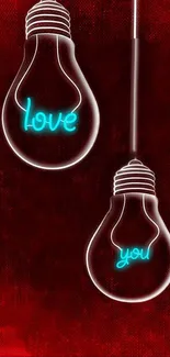 Love-themed bulb design on red background wallpaper.