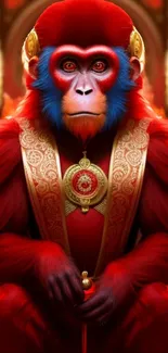 Regal red monkey with blue features in elegant attire.