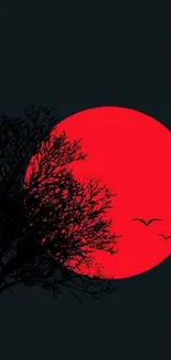 Red moon with bird silhouettes in a dark tree scene.