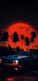 Silhouetted car against a red moon with palm trees, creating a dramatic night scene.