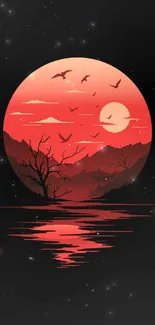 Red moon shining over lake with mountain silhouette.