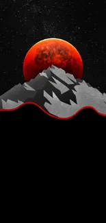 Red moon rising over a mountain silhouette on a starry night art wallpaper.