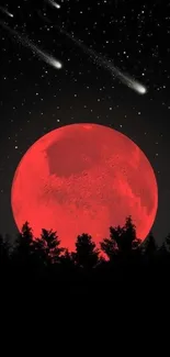 Red moon rising over a starry night sky with forest silhouette.