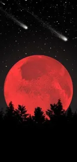 Red moon rises above dark trees with a starlit night sky backdrop.