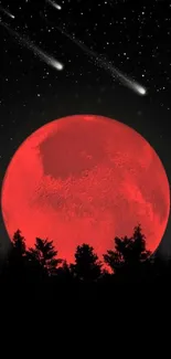 Stunning red moon with stars and silhouettes on a night sky wallpaper.