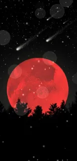 Red moon over silhouetted trees with shooting stars in a dark sky.