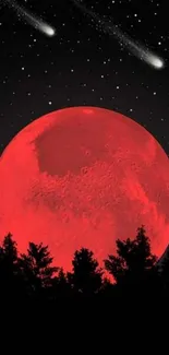 Red moon rises, stars shimmer, forest silhouette.