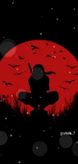 Ninja silhouette with red moon and birds in dark wallpaper.