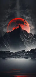 Red moon rising over dark mountainous landscape with misty surroundings.